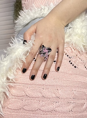 戒指钛钢原创图案粉红可爱蝴蝶结