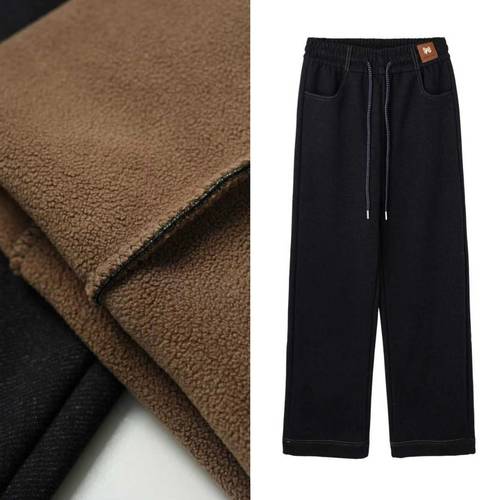 【玉米专享】加绒款牛仔直筒裤高腰宽松休闲裤11047