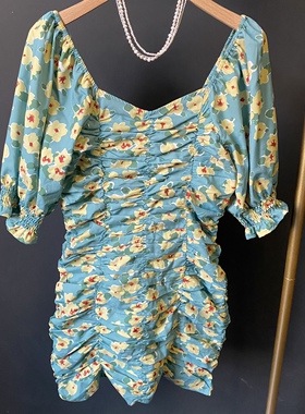 特价清仓！韩国绿色花朵低领短袖褶皱显身材性感碎花连衣裙短裙女