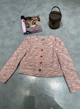 BENAO春秋显瘦圆领粗花呢面料粉色小香风短外套小个子女