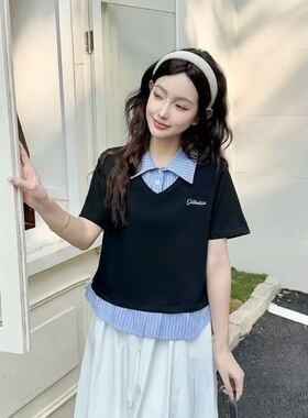 【小四专享】假两件POLO领短袖T恤设计感衬衫拼接上衣1388