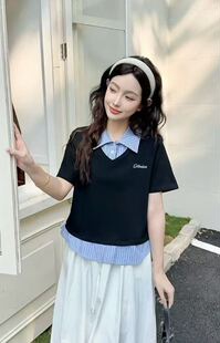 T恤设计感衬衫 假两件POLO领短袖 拼接上衣323 小四专享