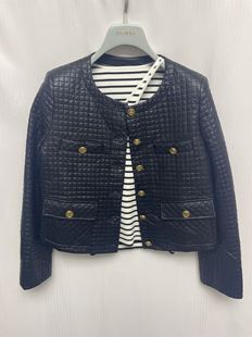 小香风菱格皮衣套装女 复古圆领短外套+高腰A字短裙两件套