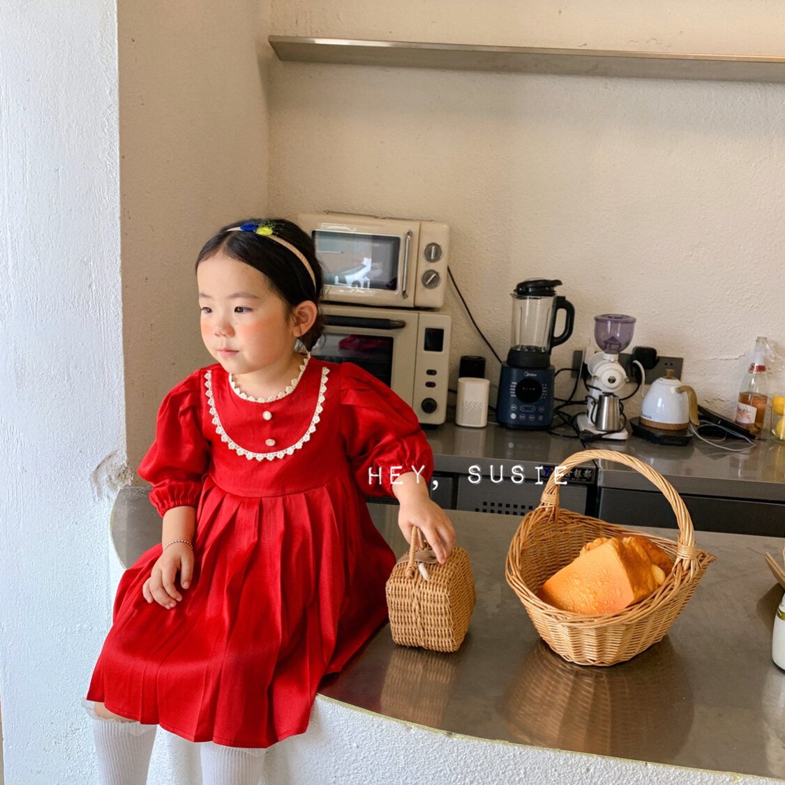 2021秋 韩版Susie苏西蕾丝边红色连衣裙女童长袖礼服裙小童1-5岁