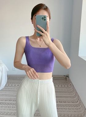 TimeMing性感褶皱无袖小吊带背心夏季外穿2021高腰露脐短款上衣
