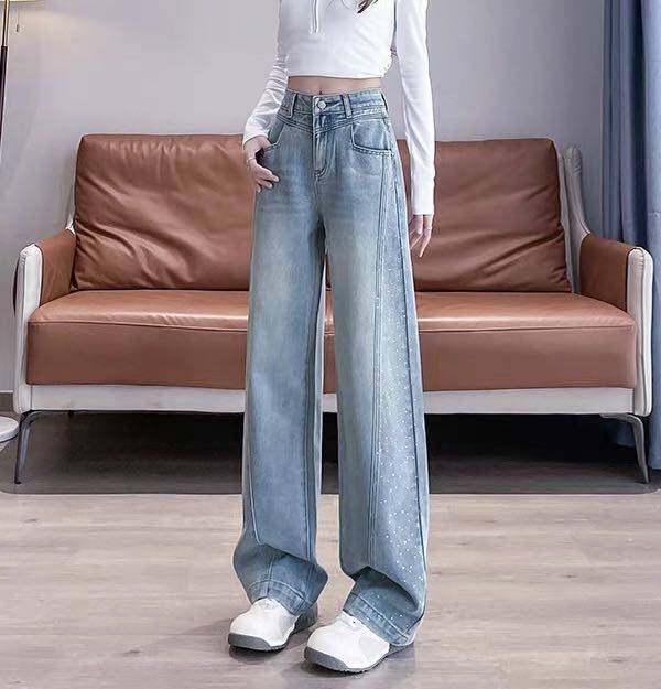【小田tia专享】星空侧边烫钻爆闪牛仔裤女 百搭阔腿裤