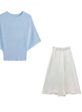 【甜甜专享】简约百搭蝙蝠袖针织衫显瘦上衣加冰丝阔腿裤套装6009