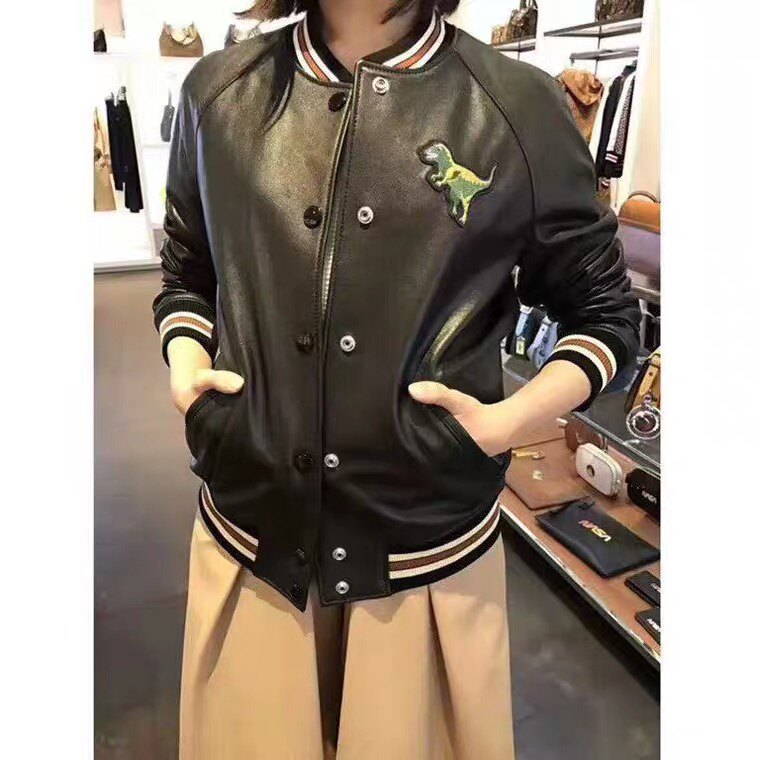 恐龙刺绣 进口绵羊皮  女款棒球皮衣真皮皮衣