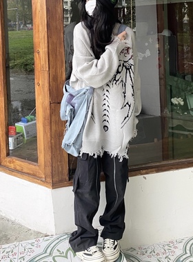 Takeoff咖喱人秋冬宽松美式骷髅头针织毛衣卫衣上衣男女街头潮ins