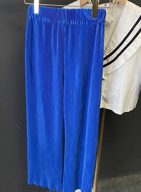 处理！特价！韩国chic蓝色褶皱宽松高腰显瘦百褶阔腿裤直筒裤长裤