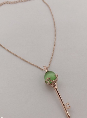绿色猫眼石十字架钥匙吊坠玫瑰金女细项链子可调节送小朋友饰礼品