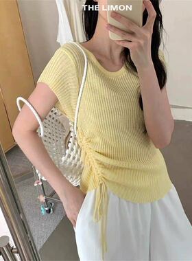 【小四专享】抽绳褶皱圆领正肩短袖T女冰丝针织衫收腰上衣