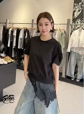 书婷专享～新款下摆拼接蕾丝T恤短袖宽松上衣不规则下摆女2631