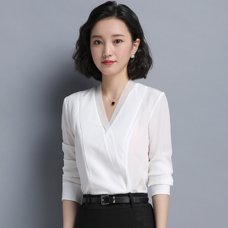西装内搭女上衣V领简约百搭白色韩版宽松雪纺衬衣打底衬衫女春秋