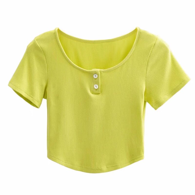 REYNA BUTTONED FITNESS SHORT SLEEVES LARGE NECKLINE SEXY SLIM CURVED HEM YOGA SPORT RUNNING T-SHIRT