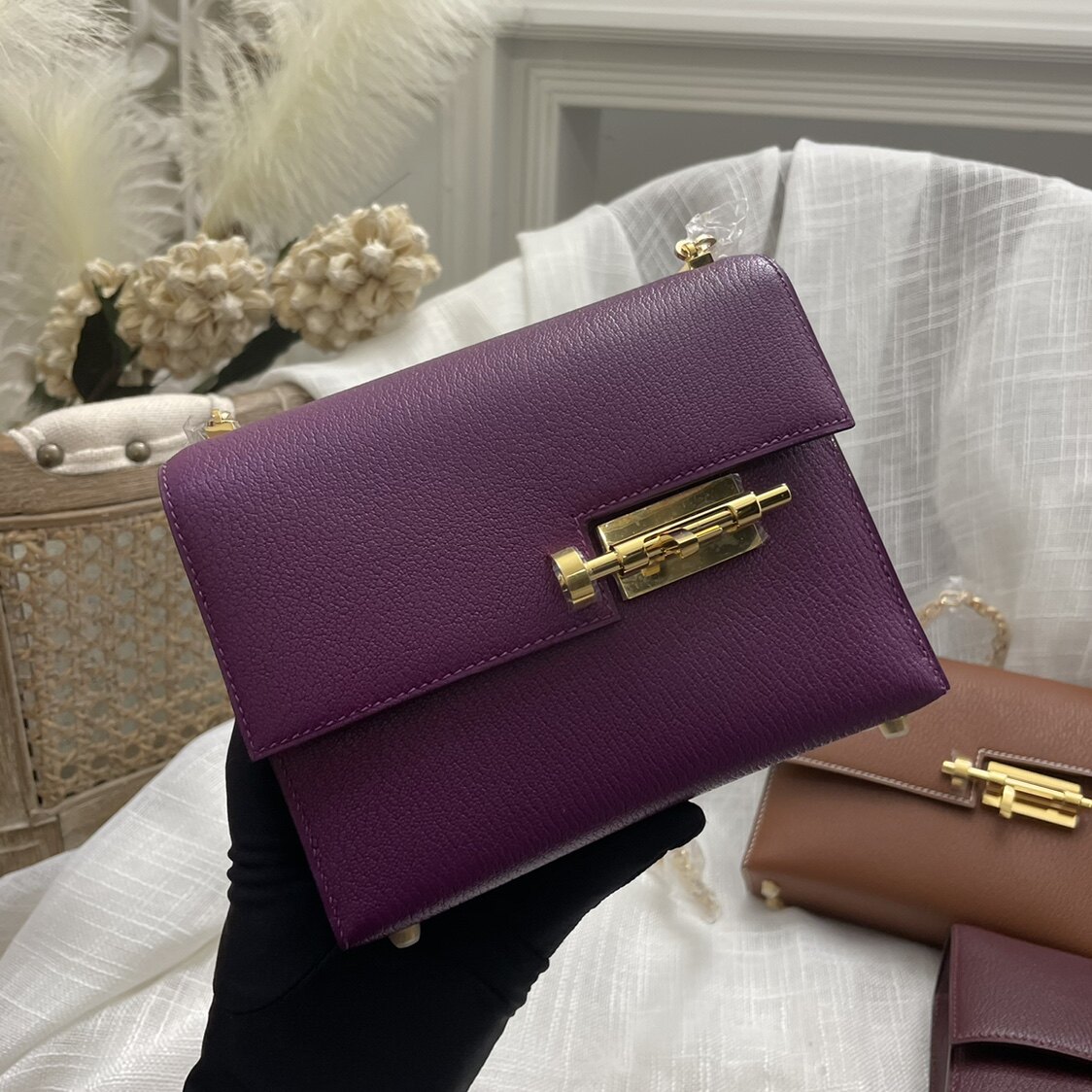 verrou 插销包 18cm 海葵紫p9chevre 山羊皮 银扣 蜡线全手缝