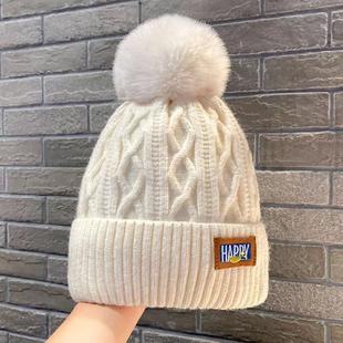 帽子女新款 冬季 加绒加厚护耳毛球帽百搭保暖防寒冷帽套头针织帽潮