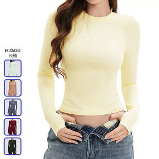 圆领紧身舒适运动瑜伽服户外跑步健身T恤女 5081跨境无缝瑜伽长袖