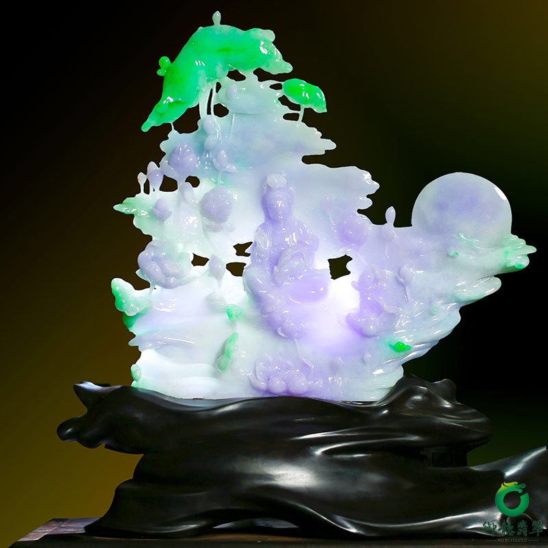 缅甸天然A货翡翠春带彩摆 童子拜观音650克