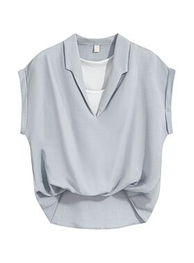 【小乐专享】极简轻熟风假两件V领短袖衬衫宽松显瘦百搭上衣4012