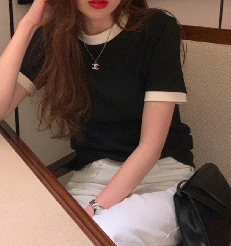 Real price casual versatile color matching pit bar T-shirt 2 colors