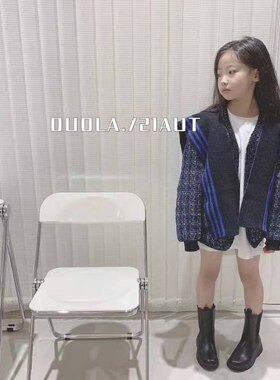 夹棉外套韩国女童时尚条杠大方领披肩格子V领夹克大衣棉衣外套 潮