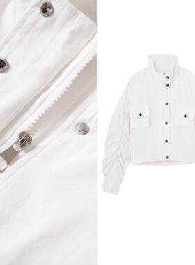 【甜甜专享】短款抽皱长袖立领工装外套女宽松夹克春季