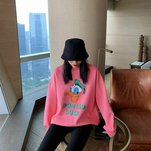 2025秋冬新款 粉色加薄绒唐老鸭卫衣女潮酷范红色卫衣bm卫衣