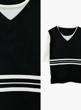 【甜甜专享】学院风撞色假两件短袖t恤宽松针织上衣显瘦遮肉