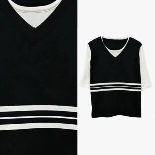 t恤宽松针织上衣显瘦遮肉 学院风撞色假两件短袖 甜甜专享