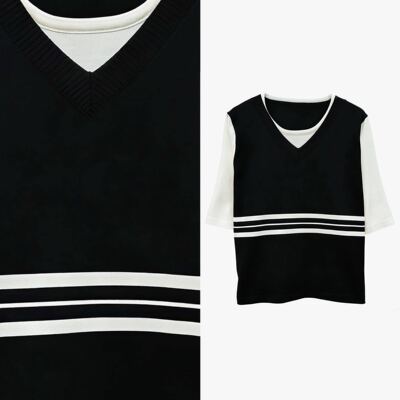 【甜甜专享】学院风撞色假两件短袖t恤宽松针织上衣显瘦遮肉