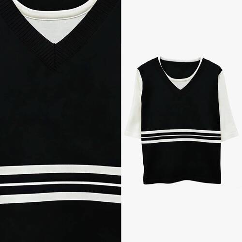 【甜甜专享】学院风撞色假两件短袖t恤宽松针织上衣显瘦遮肉