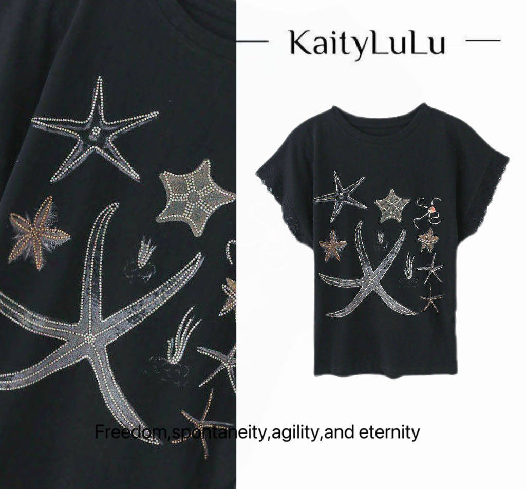 KaityLuLu【海洋世界】蕾丝拼接袖圆领短袖MR525D004