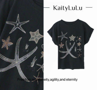 KaityLuLu【海洋世界】蕾丝拼接袖圆领短袖MR525D004