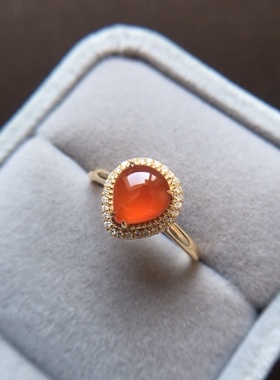 【赏】木易日辰 天然翡翠A货冰橙色芬达水滴18Ｋ金钻石戒指