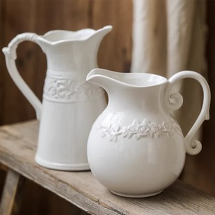 客厅插花ins风法式 浮雕陶瓷奶壶单耳小众白色花瓶摆件 家居摆件