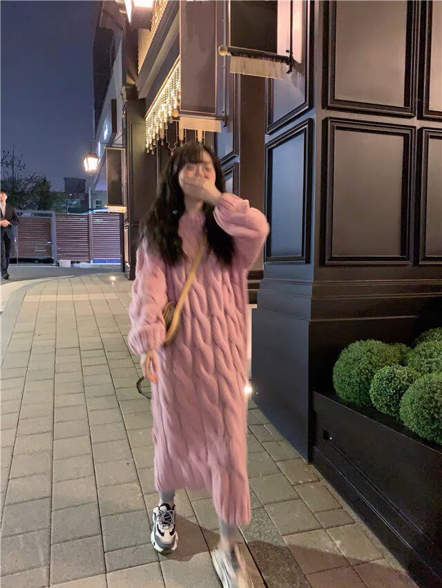 韩国东大门2025秋冬自留～好美的～樱藕粉长款麻花毛衣女圆领套头