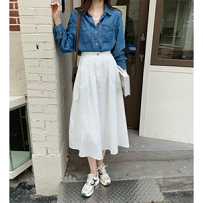 White skirt new style high waist slim student frock skirt covered crotch medium length over knee umbrella skirt