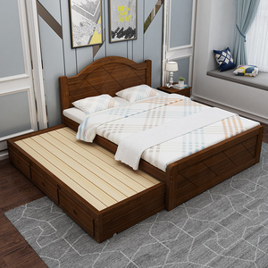 实木欧式吸塑1.5白色松木拖床双人床储物拖床双层床子母床推拉床