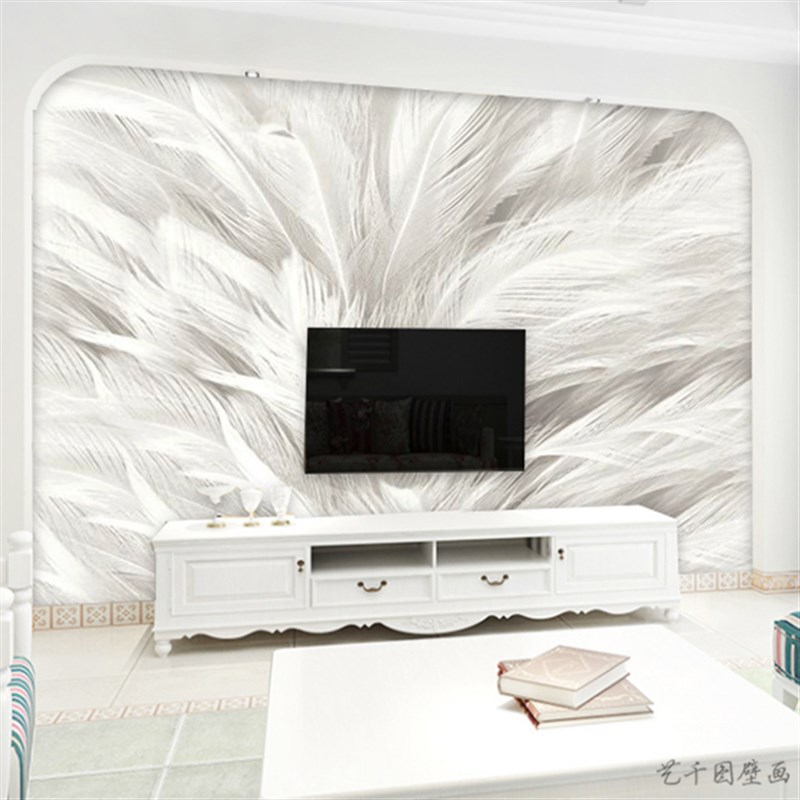 现代简约3D立体羽毛电视背景墙壁纸北欧客厅墙布卧室装饰高档墙纸