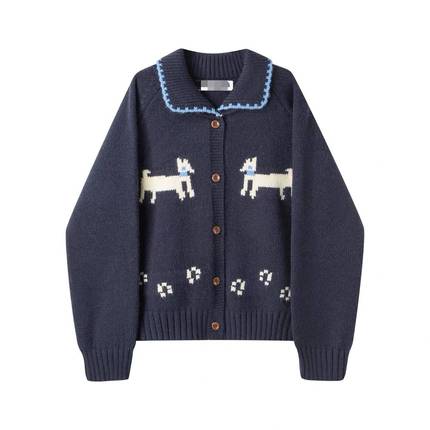 【爆米花专享】减龄小狗提花藏青色毛衣外套氛围感针织开衫1114