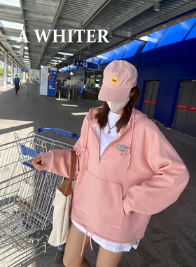 贝贝1衣新款韩国东大门百搭宽松大码半拉链BF慵懒风连帽卫衣秋款