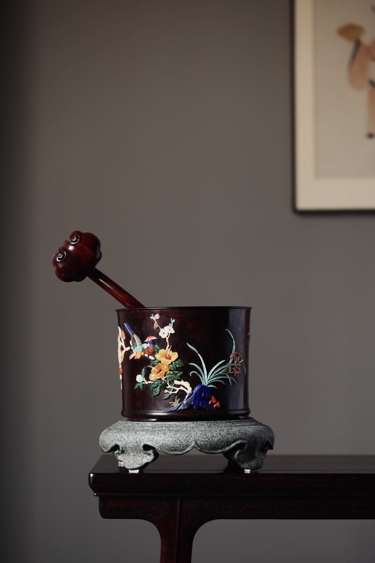 印度小叶紫檀百宝嵌喜上眉梢笔筒别墅豪宅会所画室办公室书房红木