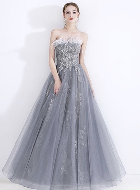 灰色抹胸礼服长裙女2021新款主持年会晚宴结婚新娘敬酒走秀伴娘服