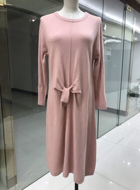 毛衣连衣裙女款蝴蝶结圆领薄款九分袖甜美时尚文艺范休闲秋冬长裙
