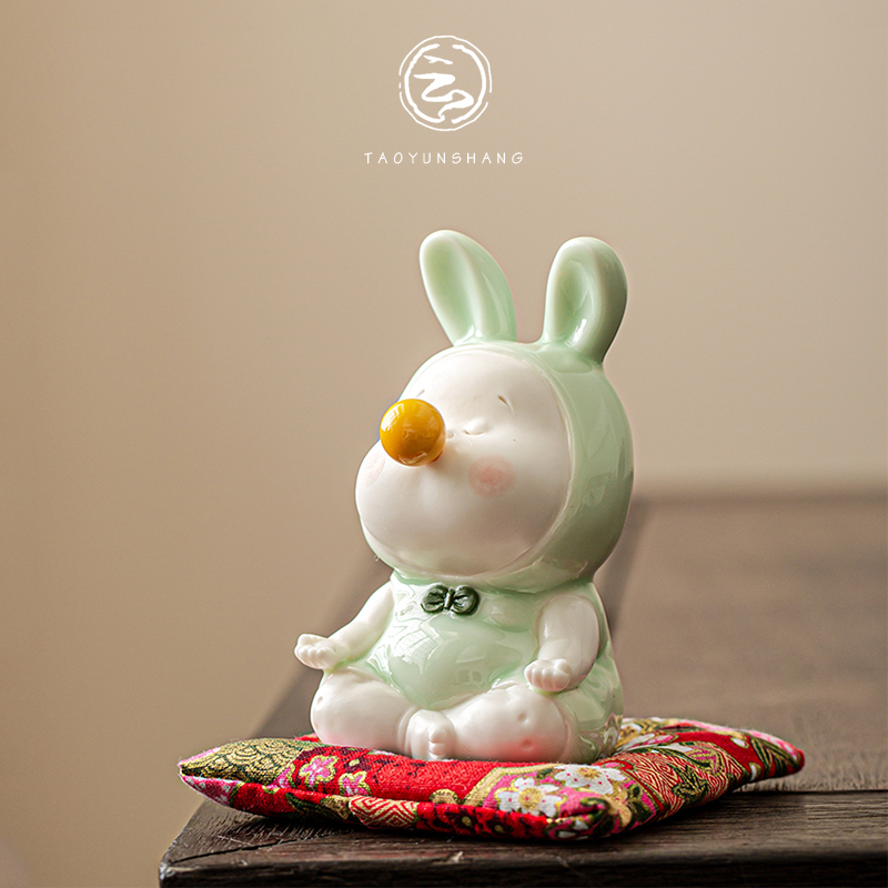 创意可爱打坐兔陶瓷摆件禅意家居饰品桌面小兔子工艺品办公室送礼
