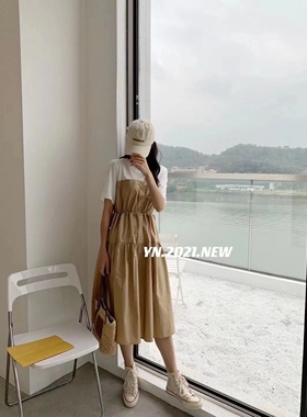 YN正品燕妮女装宽松休闲港风拼接抽绳卡其拼白色连衣裙长裙