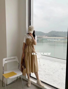 YN正品燕妮女装宽松休闲港风拼接抽绳卡其拼白色连衣裙长裙