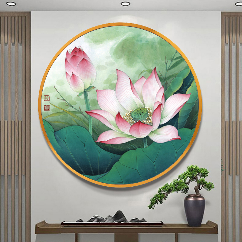 圆形荷花装饰画餐厅挂画新中式客厅玄关背景墙面茶室禅意莲花壁画图片