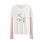 灰色假两件卡通小马印花T恤女撞色拼接减龄上衣770 玉米专享